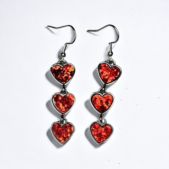 Red Heart Trio Glittery Red & Silver Dangle Earrings Valentine’s Day Nwt - Picture 3 of 8